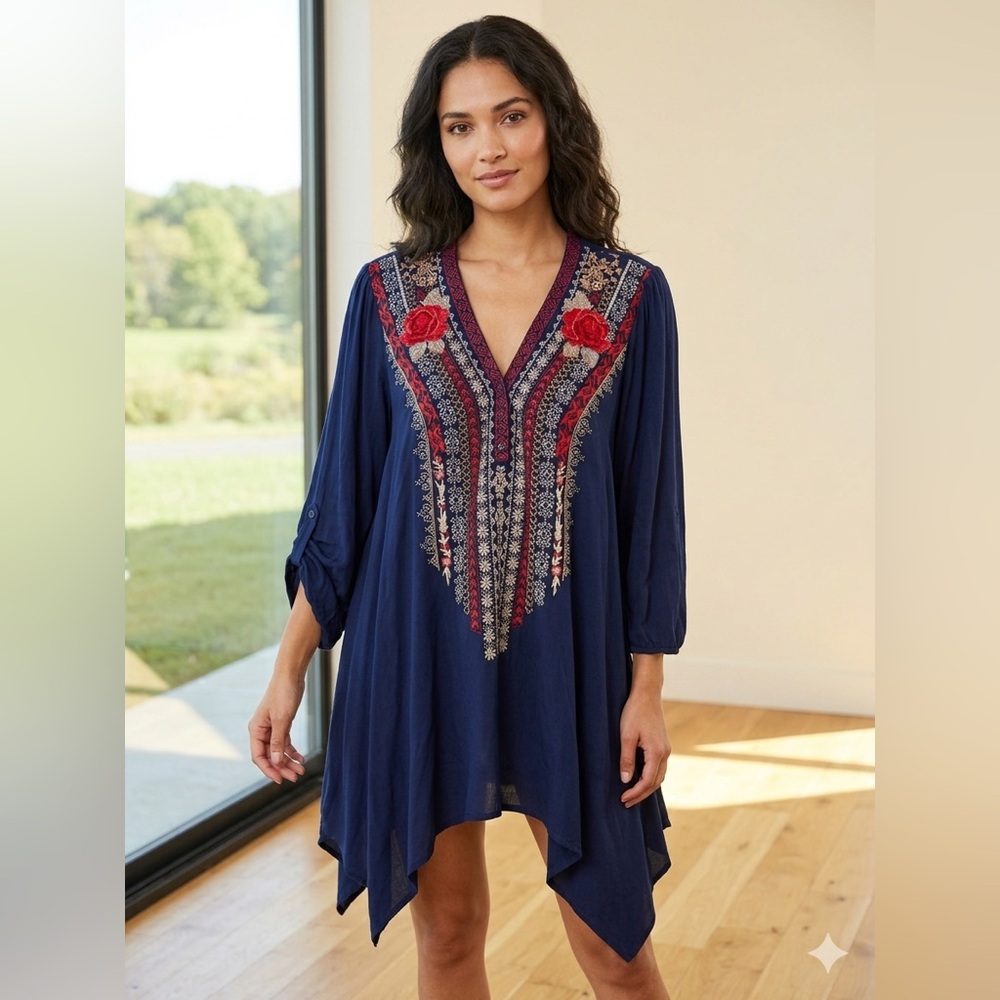 Andree by Unit Embroidered Rose Sharkbite Tunic Boho Folk Top L Navy Blue